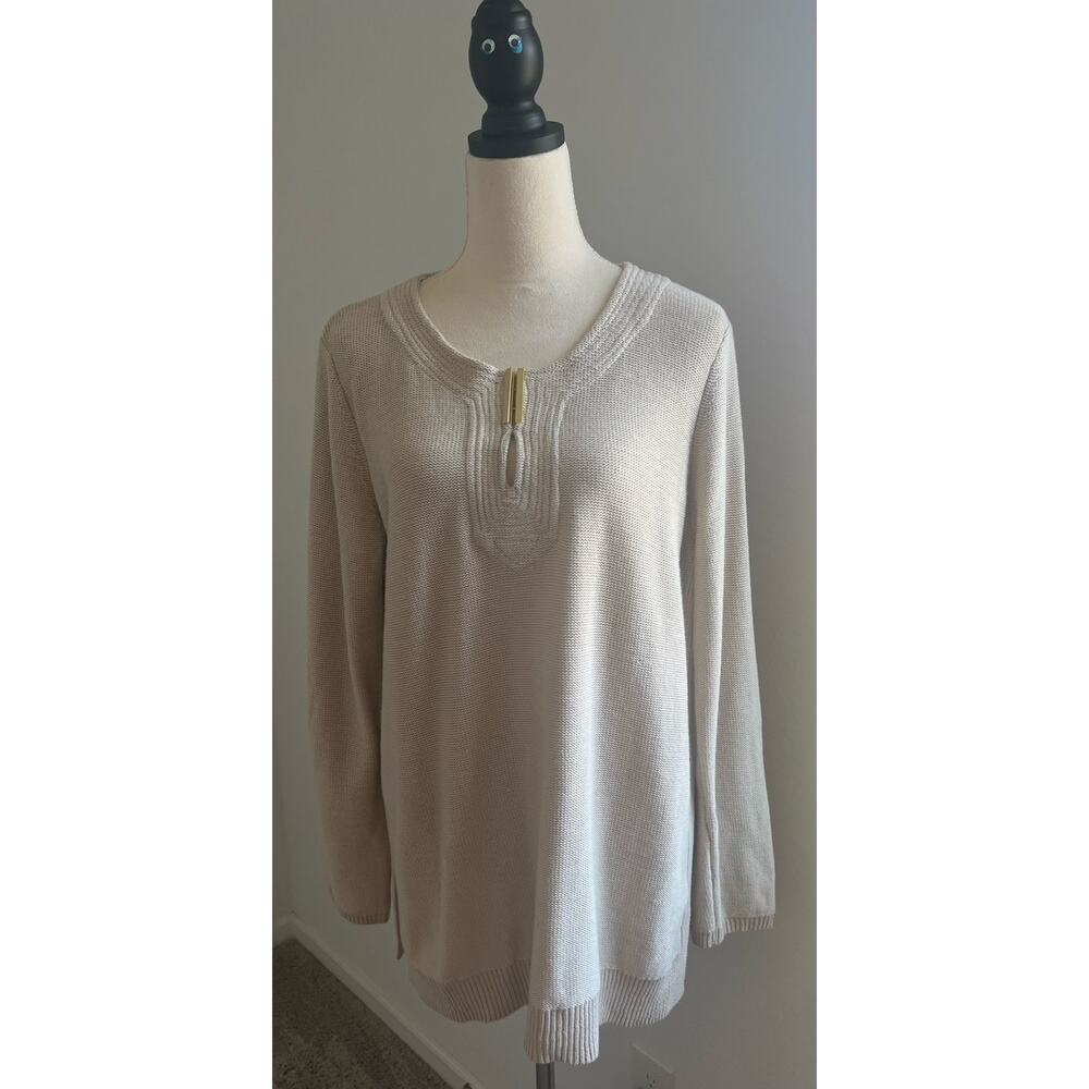 DANA BUCHMAN WOMEN’S CREAM COLOR SWEATER TUNIC COTTON KEYHOLE FRONT RIBBED SZ xL